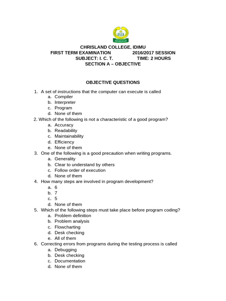 ICT First Term Exam Questions 2016/2017 | PDF | Programming | Computer ...