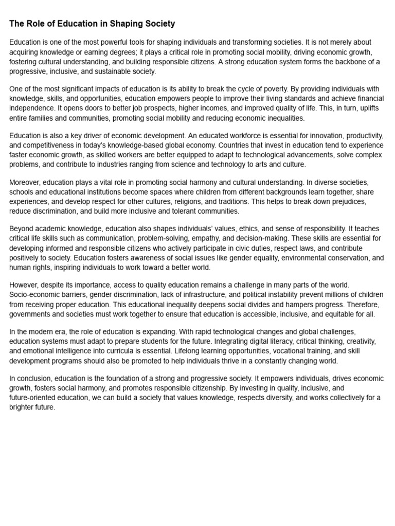 The Role of Education in Shaping Society | PDF | Economies