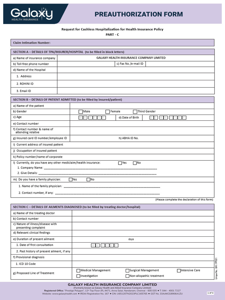 Galaxy Health Insurance Preauth Form | PDF | Cheque | Insurance