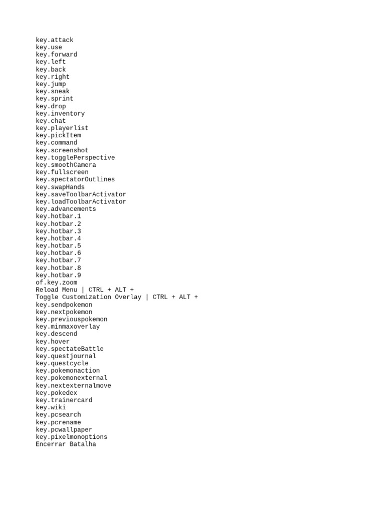 Key Bindings for Pixelmon Gameplay | PDF