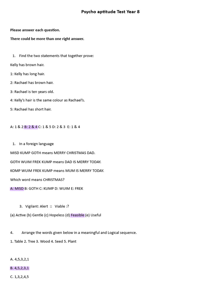 Grade 8 Psycho Aptitude Test Sample | PDF