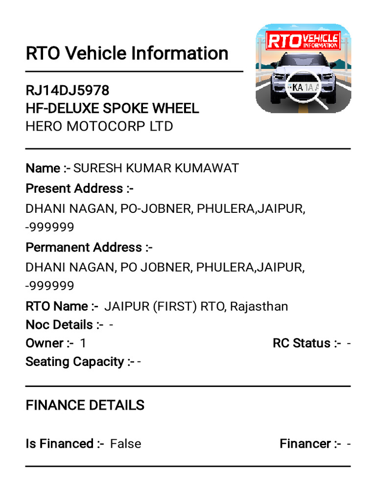 Phulera RTO Vehicle Registration Details | PDF