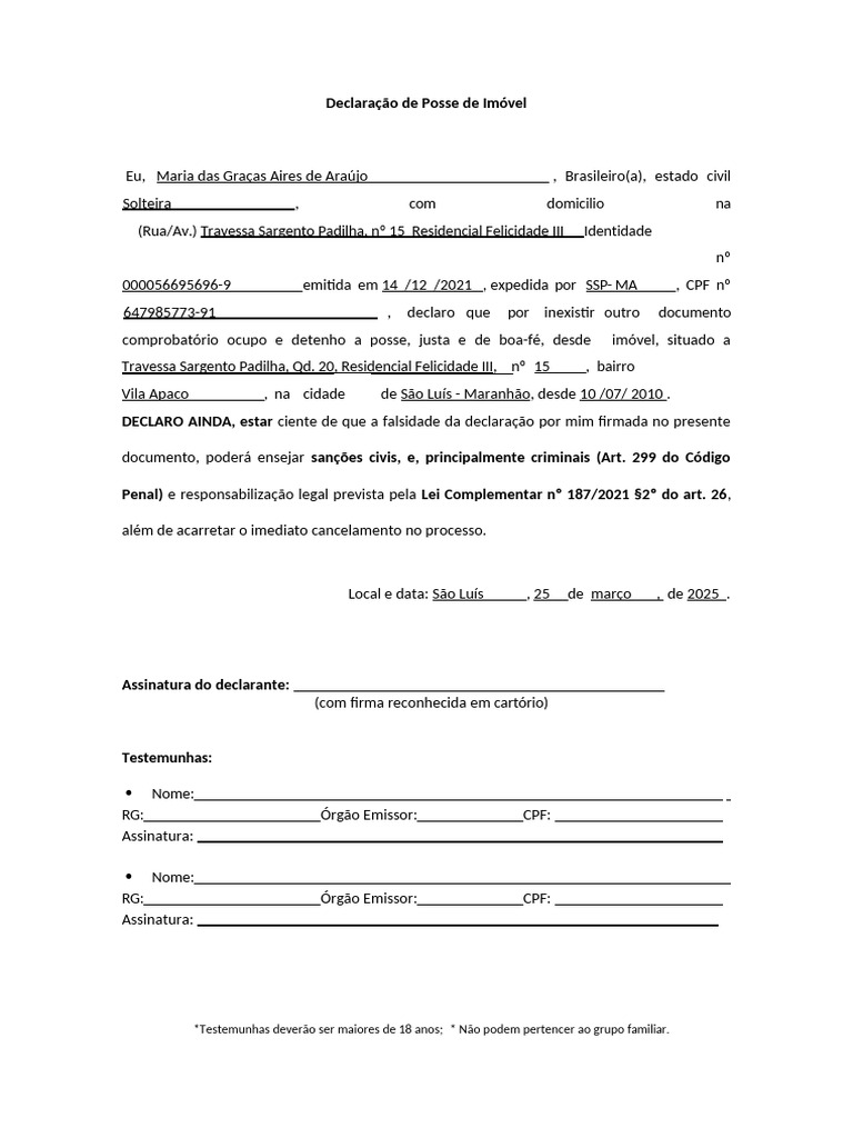 Declaracao De Posse De Imovel Pdf