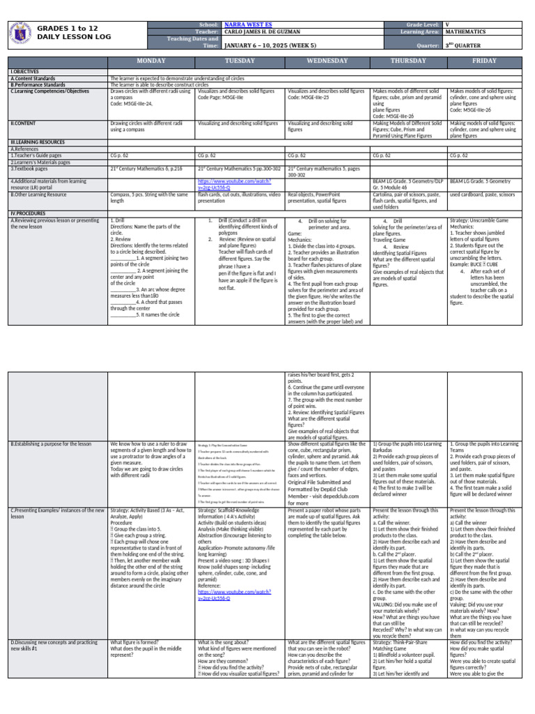 Grade 5 Math Daily Lesson Plan | PDF | Sphere | Triangle
