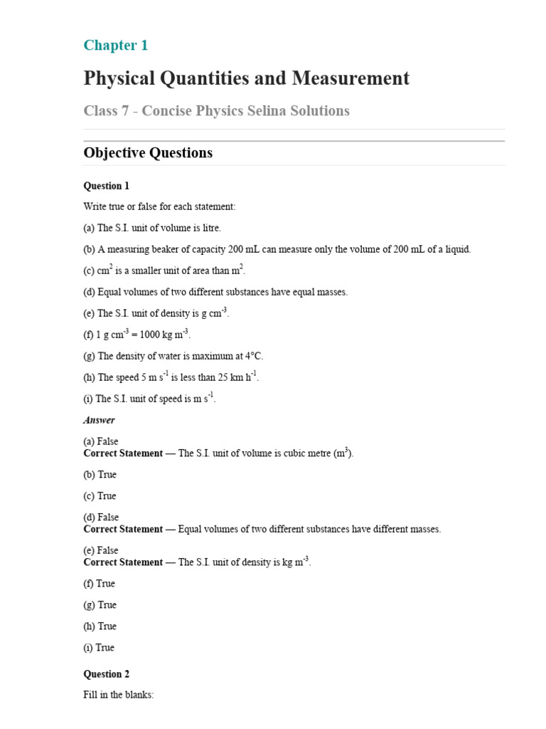 Class 7 Physics: Measurement & Density | PDF | Volume | Litre