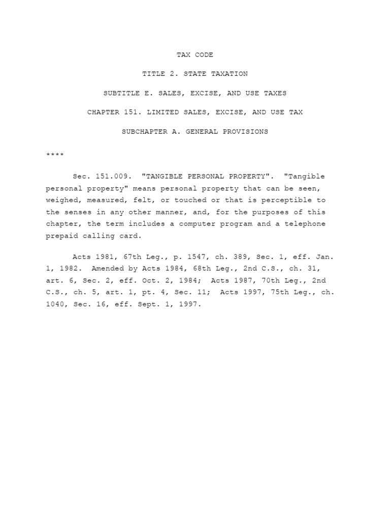 Texas Tax Code Chapter 151 Overview | PDF