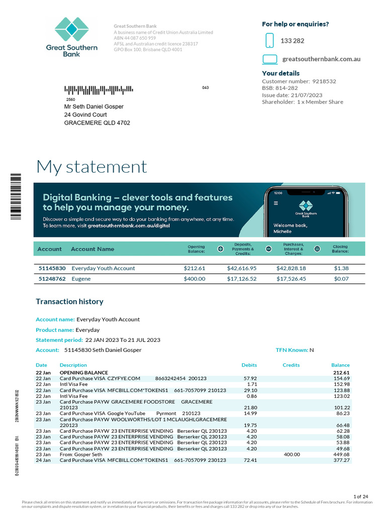 Great Southern Bank Account Statement | PDF | Visa Inc. | Debit Card