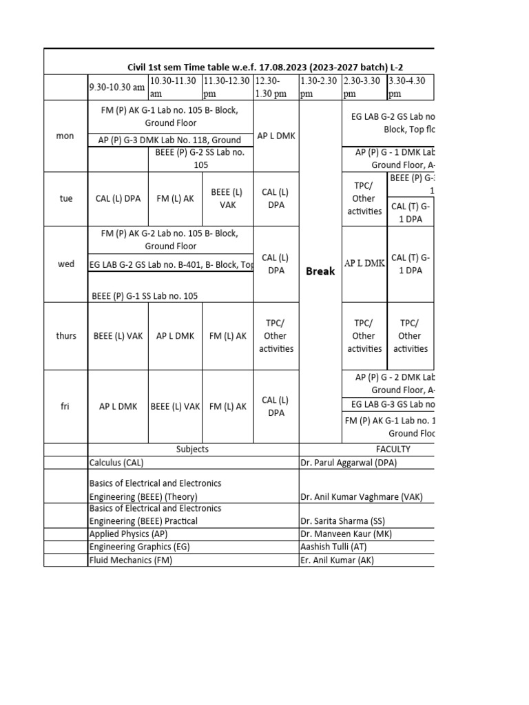 Time Table 1st Sem 2024 Batch June-Dec 2024 | PDF | Physical Sciences ...