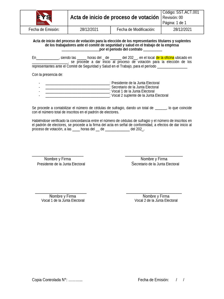 Acta de Inicio de Votación SST | PDF