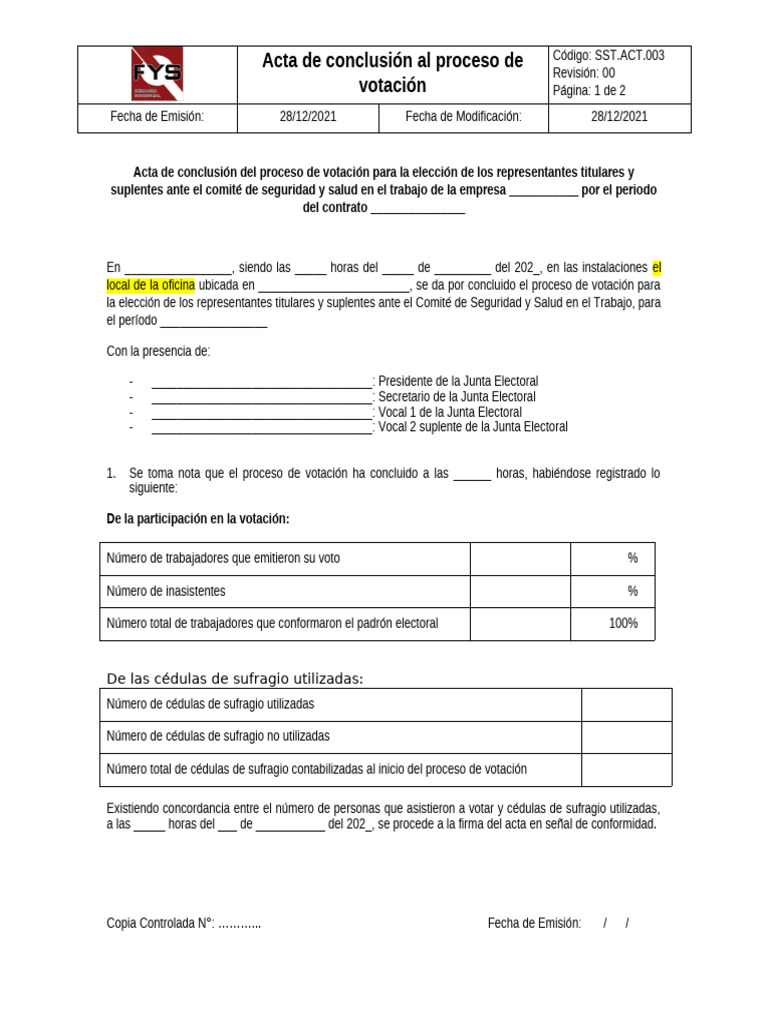 Acta de conclusión de votación electoral | PDF | Votación | Corrupción ...