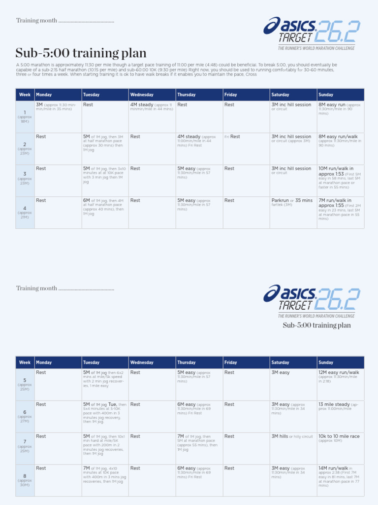 Sub-5 Hour Marathon Training Plan | PDF | Long Distance Running ...