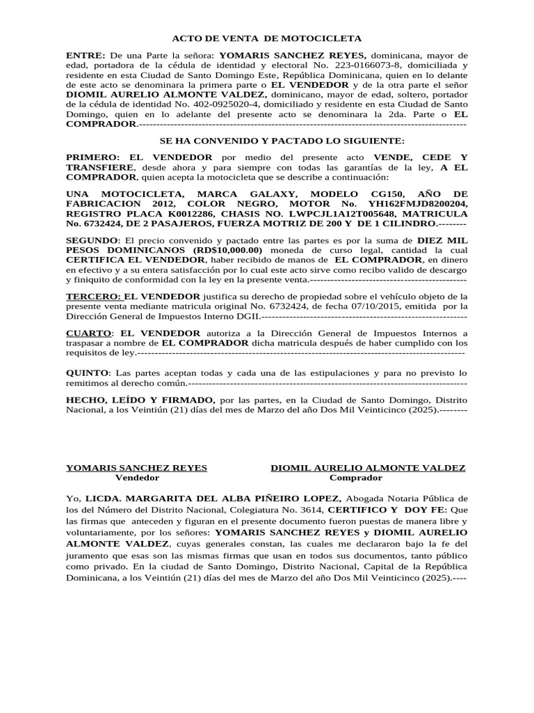 Acto de Venta de Motocicleta (Yomaris Sanchez Reyes) | PDF | República ...