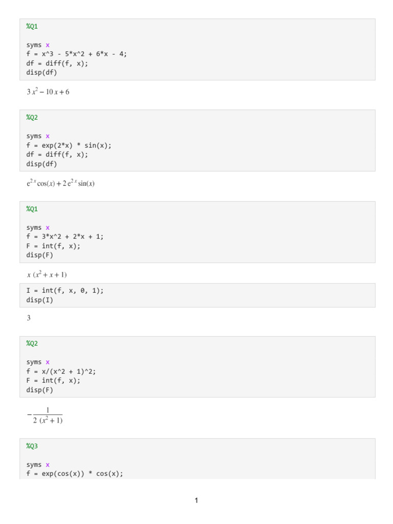 Symbolic Calculus Operations in MATLAB | PDF
