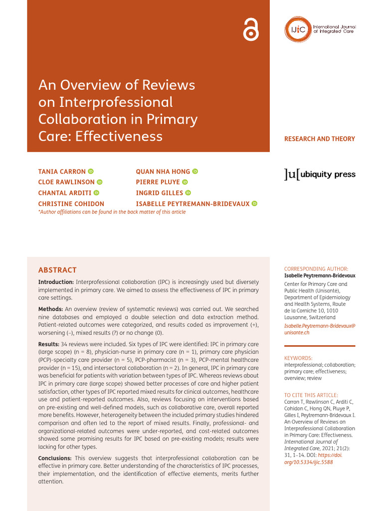 An Overview of Reviews On Interprofessional Collaboration in Primary ...