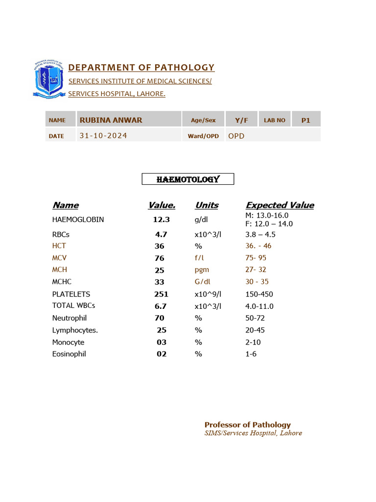Department of Pathology: Name Value. Units Expected Value | PDF