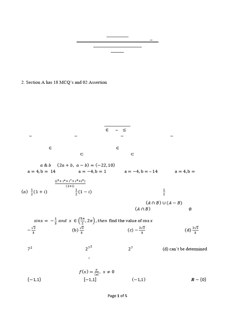 Class XI Mathematics Mid-Term Exam 2023 | PDF | Educational Assessment ...