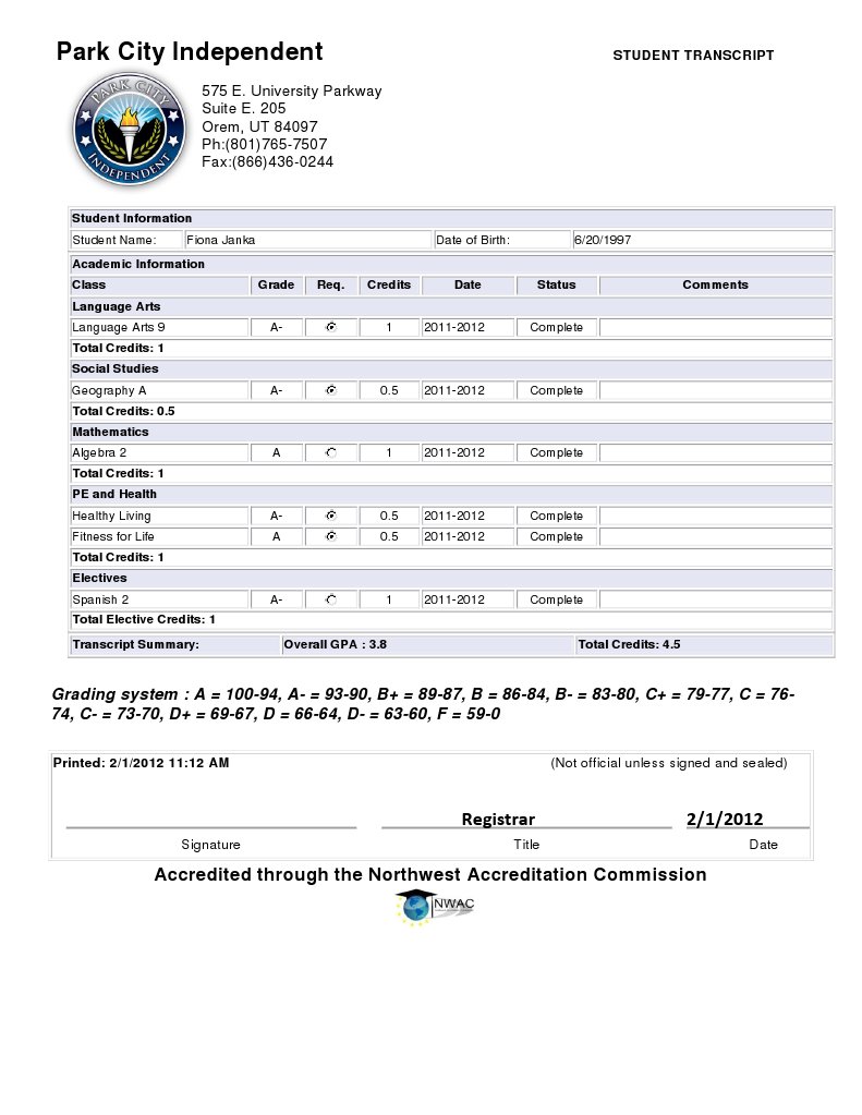 Student Transcript for Fiona Janka | PDF | Travel