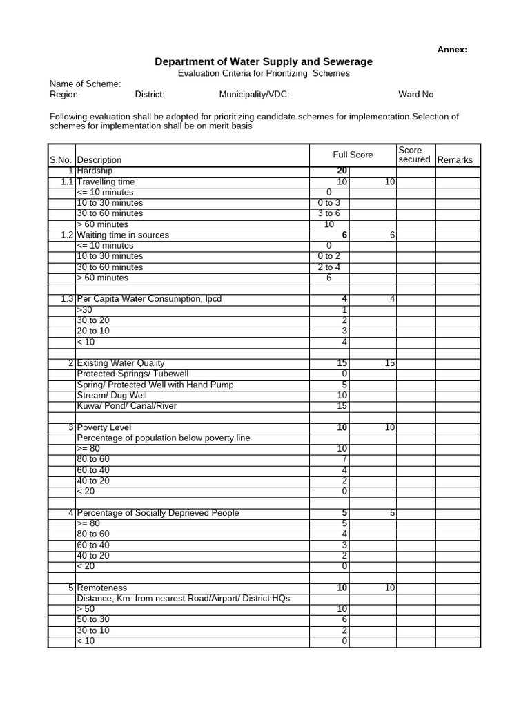 Water Supply Scheme Evaluation Criteria | PDF | Sanitation | Economies
