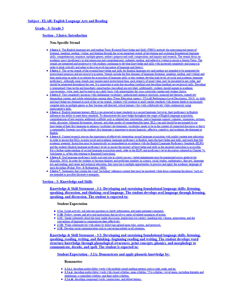 Grade 3 ELAR TEKS Overview | PDF | Reading Comprehension | Word