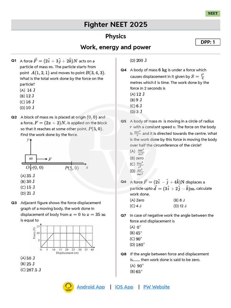 Work, Energy and Power DPP 01 (Of Lec 4) | PDF | Force | Mass