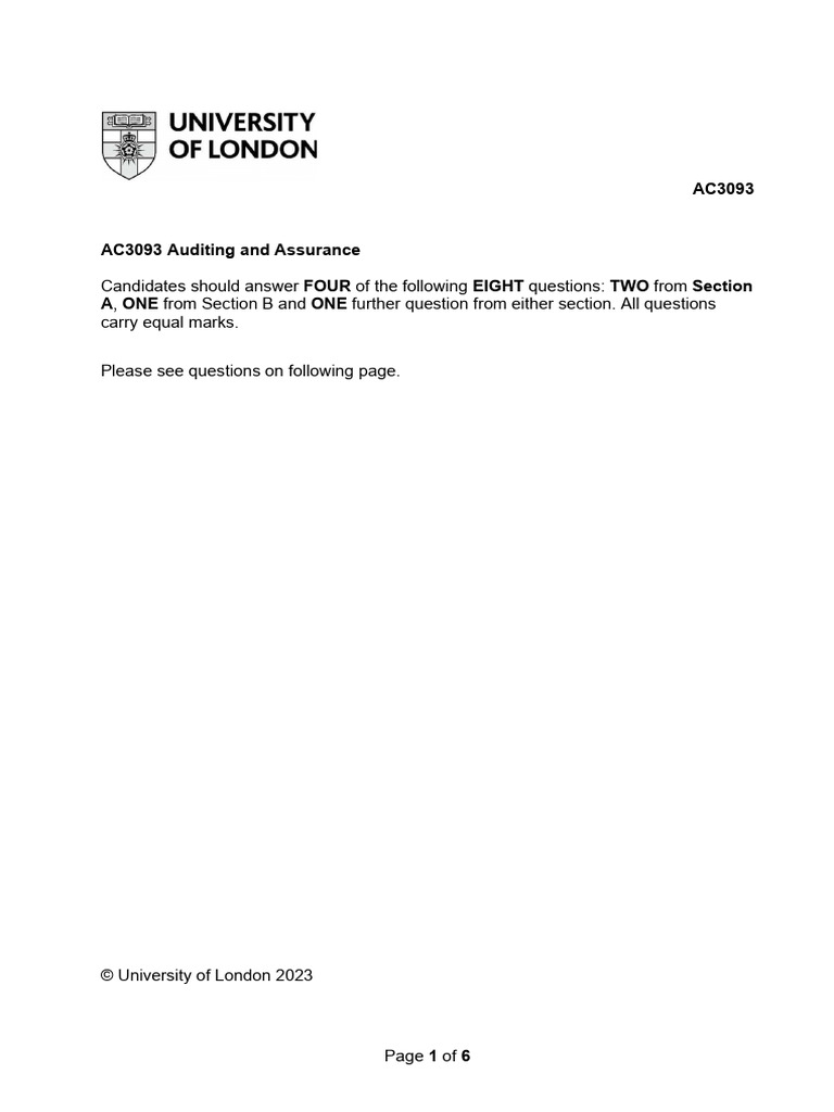 AC3093 Auditing and Assurance Exam Guide | PDF | Audit | Going Concern
