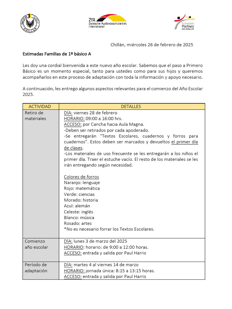 Circular Inicio Año Escolar 1ºA | PDF