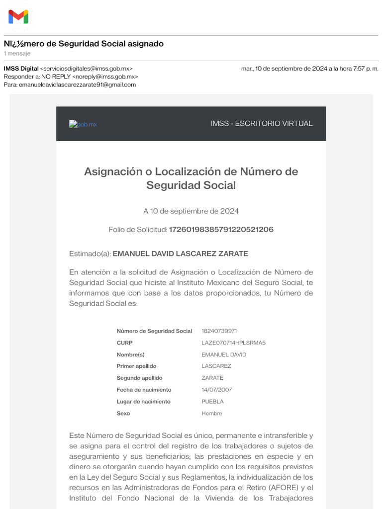 Gmail - Nï¿ Mero de Seguridad Social Asignado | PDF
