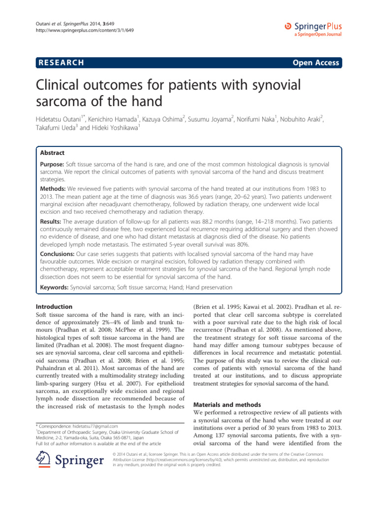 Clinical Outcomes of Hand Synovial Sarcoma | PDF | Sarcoma | Radiation ...