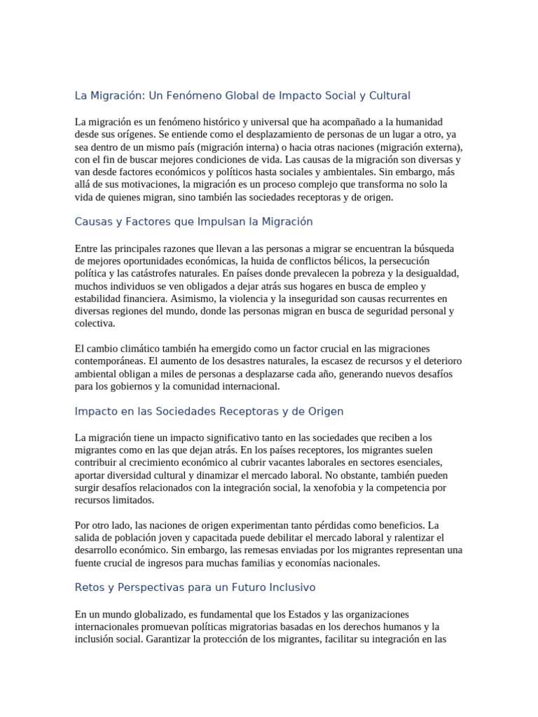 Impacto Social y Cultural de la Migración | PDF | Migración humana ...