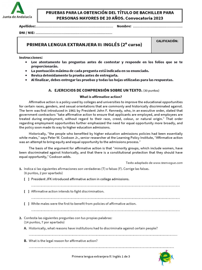 Prueba de Inglés para Bachillerato 2023 | PDF | Affirmative Action ...