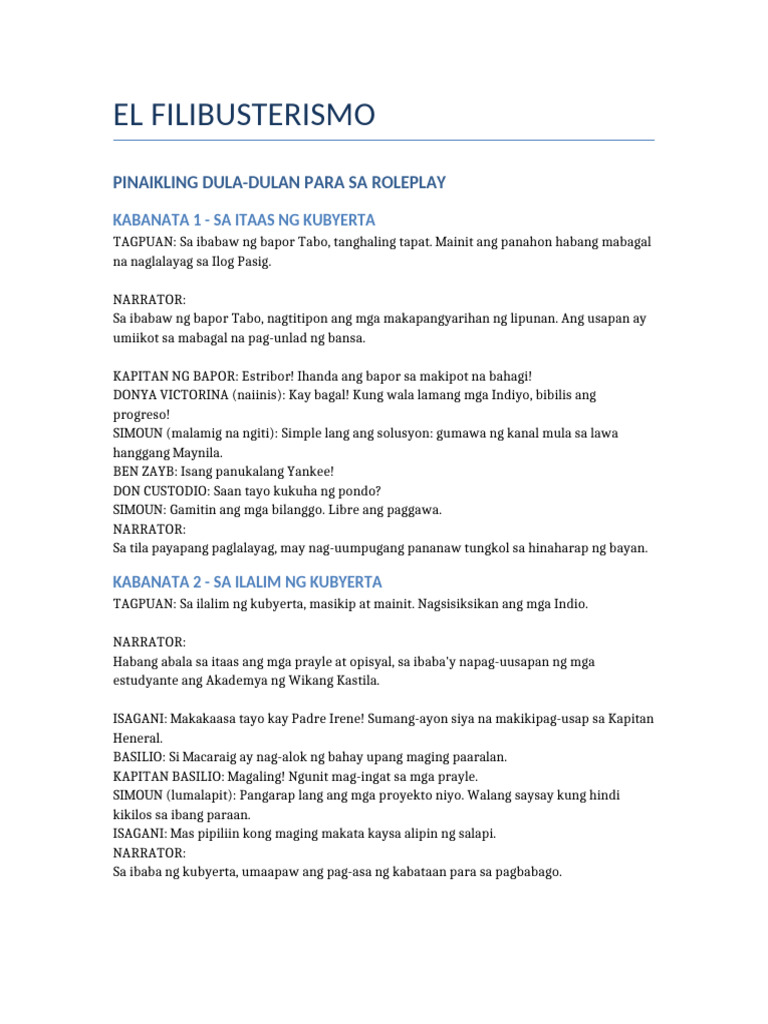 El Filibusterismo Slightly Shortened Script For Roleplay | PDF