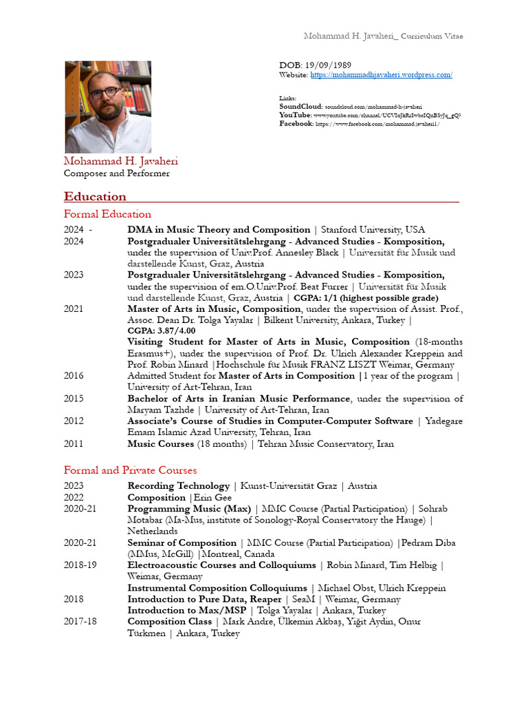 Mohammad H. Javaheri CV: Composer Profile | PDF | Quartet | Orchestras