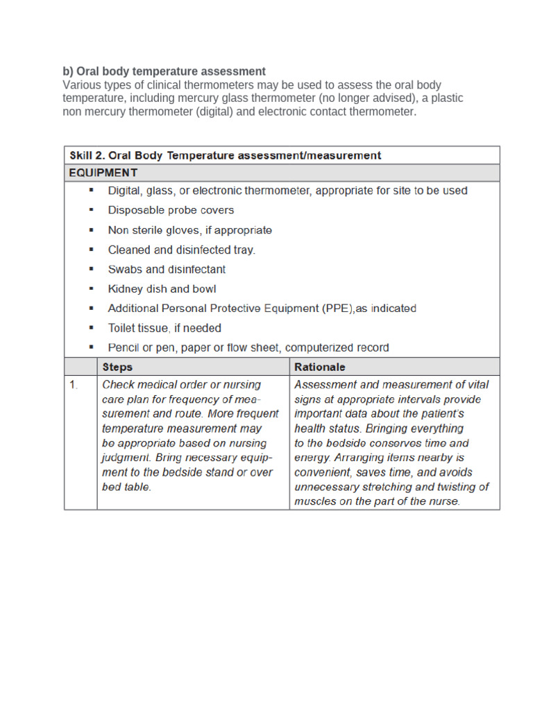 B) Oral Body Temperature Assessment | PDF