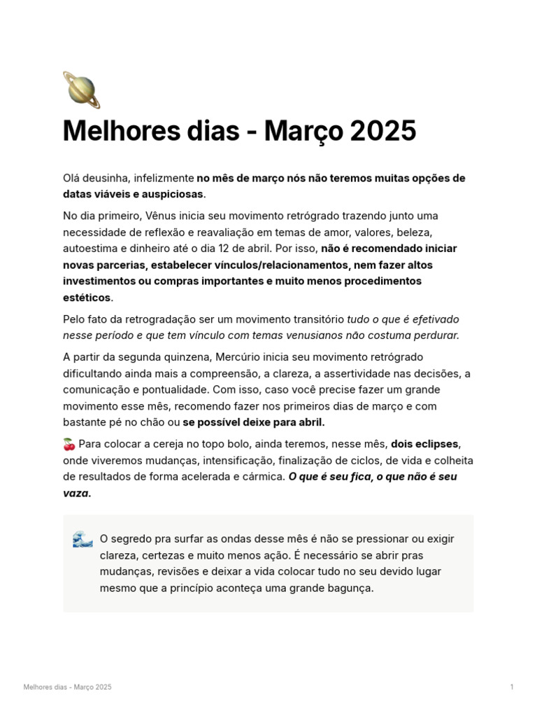 Melhores Dias - Maro 2025 | PDF | Vênus