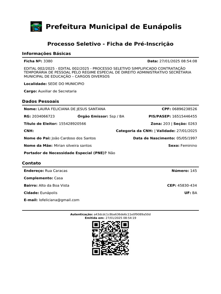 Processo Seletivo Eunápolis 2025: Ficha de Inscrição | PDF