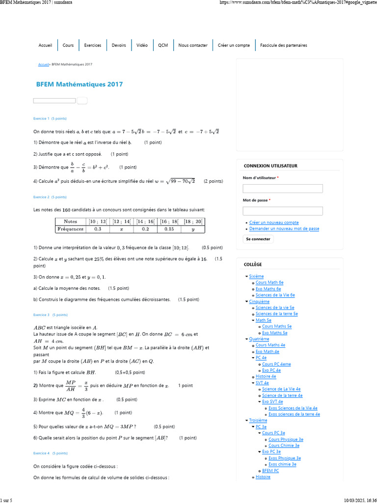 Correction BFEM Math 2017 PDF | PDF | Le volume | Mathématiques