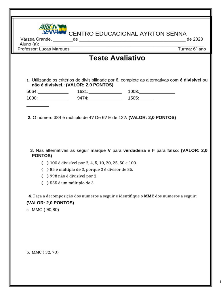 Prova matematica 6 ano (1) (1).docx22 (1) | PDF