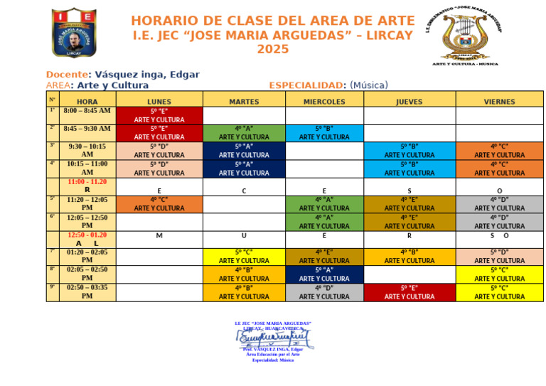 Horario de Clase Arte y Cultura 2025 | PDF