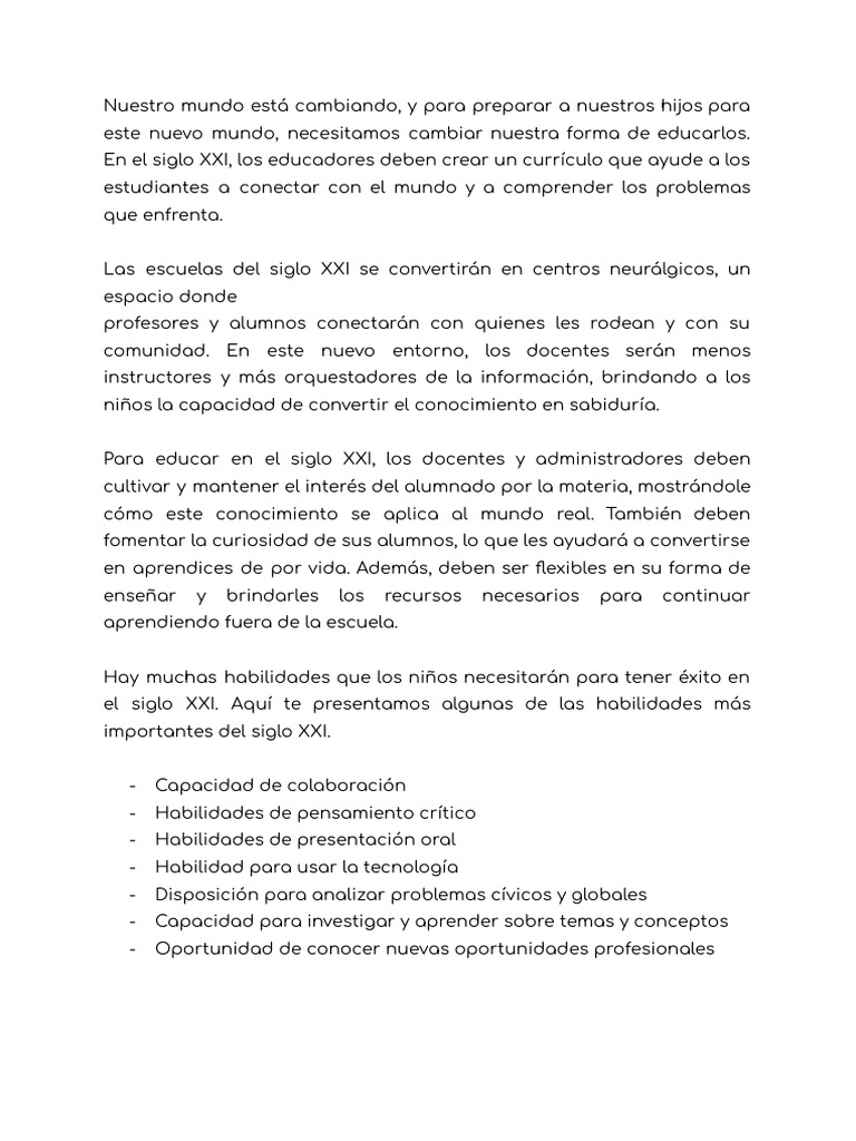 Educación del siglo XXI: Nuevas habilidades | PDF | Enseñando | Plan de ...