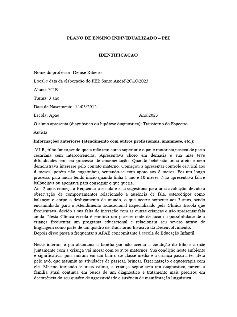 Plano de Ensino Individualizado para Autismo | PDF | Autismo | Síndrome ...
