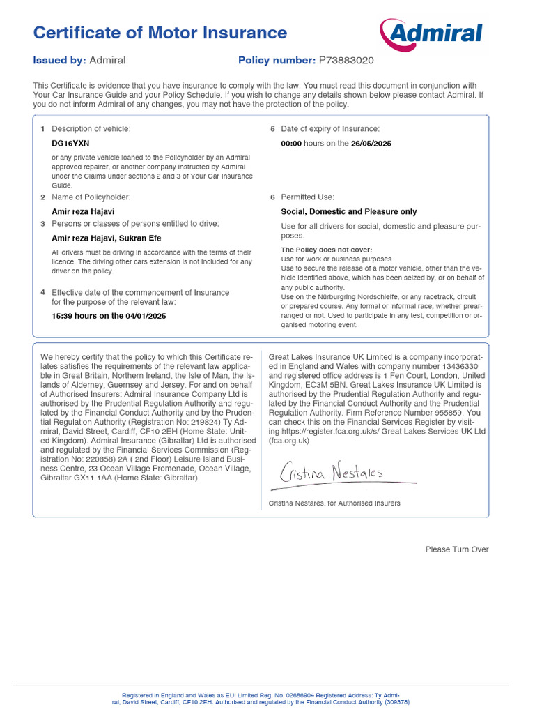 Admiral Motor Insurance Certificate | PDF | Insurance | Vehicle Insurance