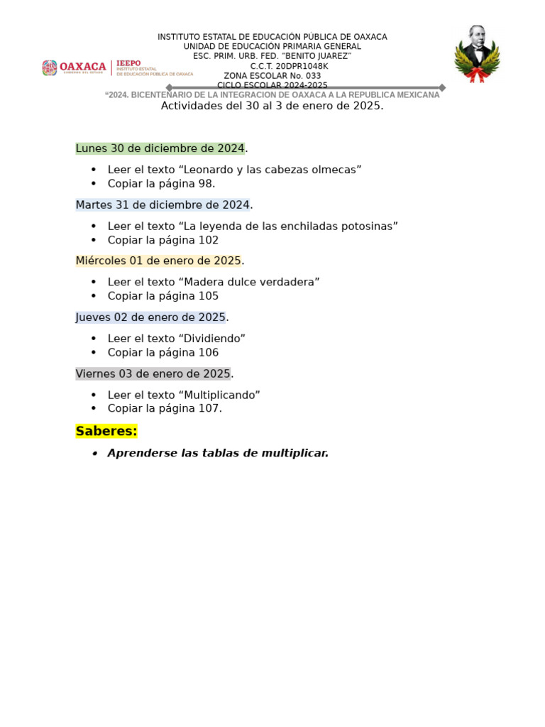 Actividades Del 30 Al 3 de Enero de 2025 | PDF