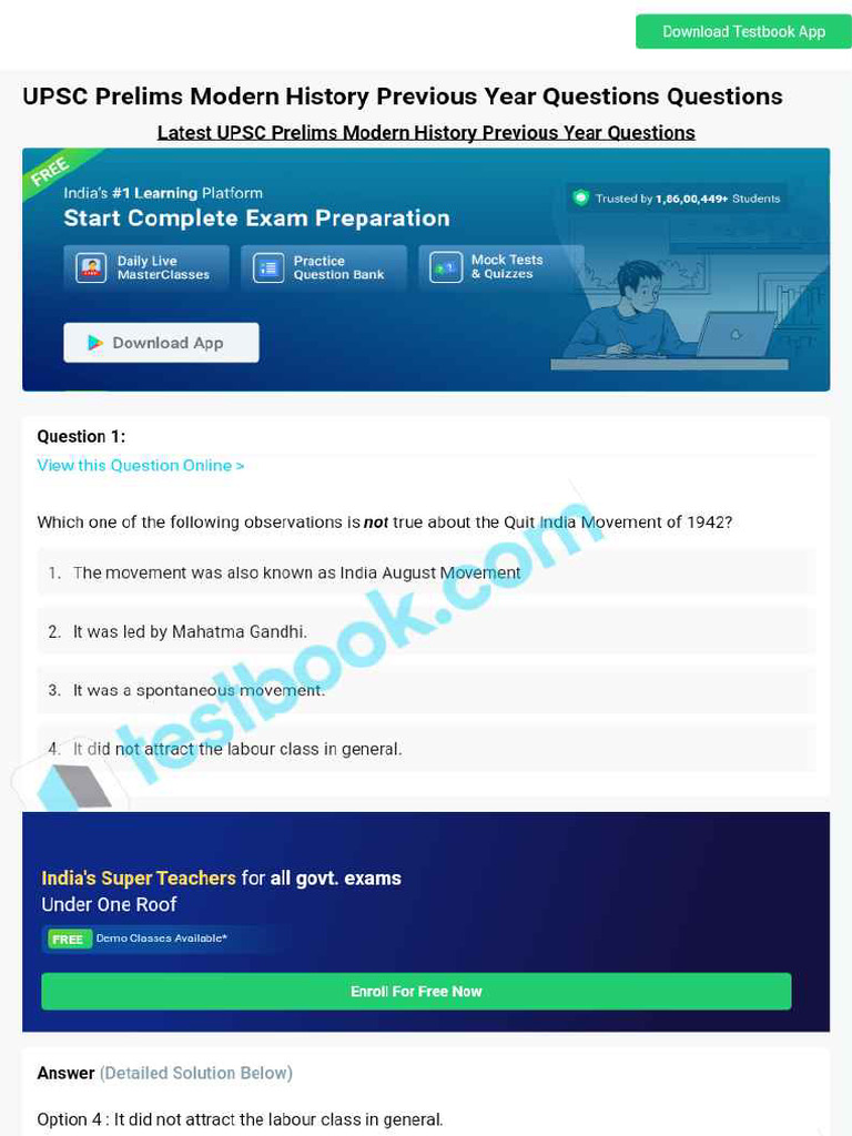 Upsc Prelims Modern History Previous Year Question ...