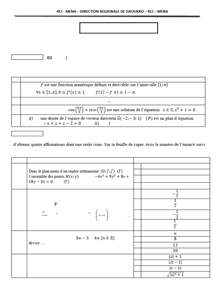 Bac Blanc Maths Série C 2025 | PDF | Nombre complexe | Mathématiques