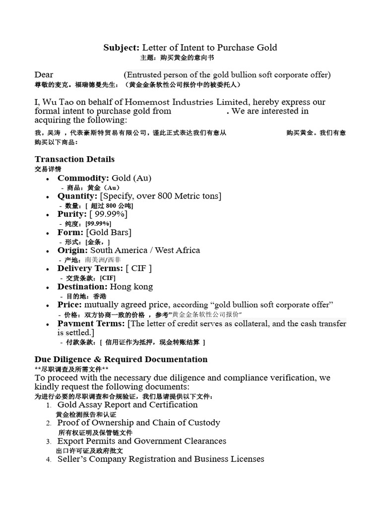 Wutao..Letter of Intent To Purchase Gold-Gold | PDF | Business | Private Law