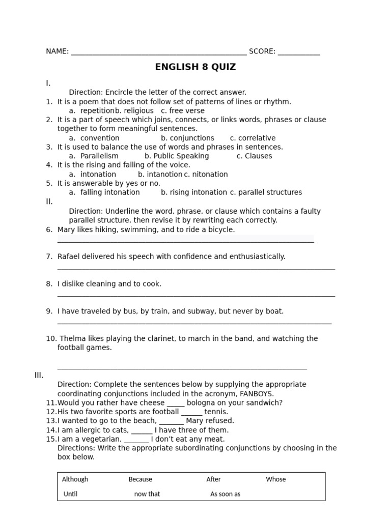 Grade 8 Quiz For T. Krishia | PDF | Linguistics | Syntax