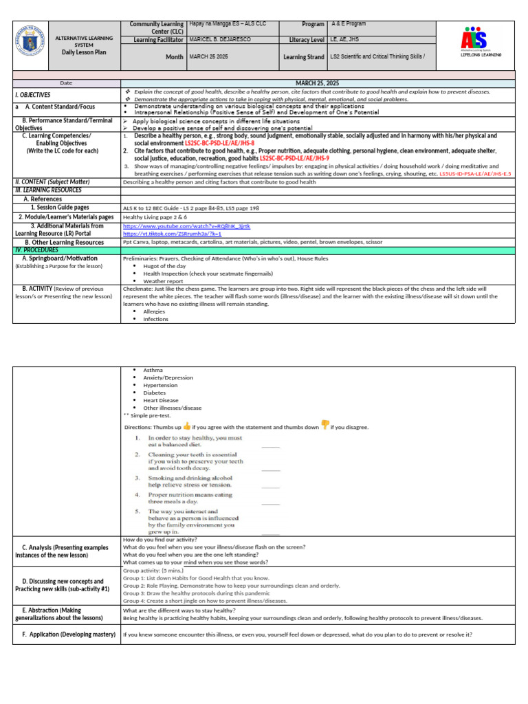 Daily Lesson Plan for Health Education | PDF | Learning | Behavioural ...