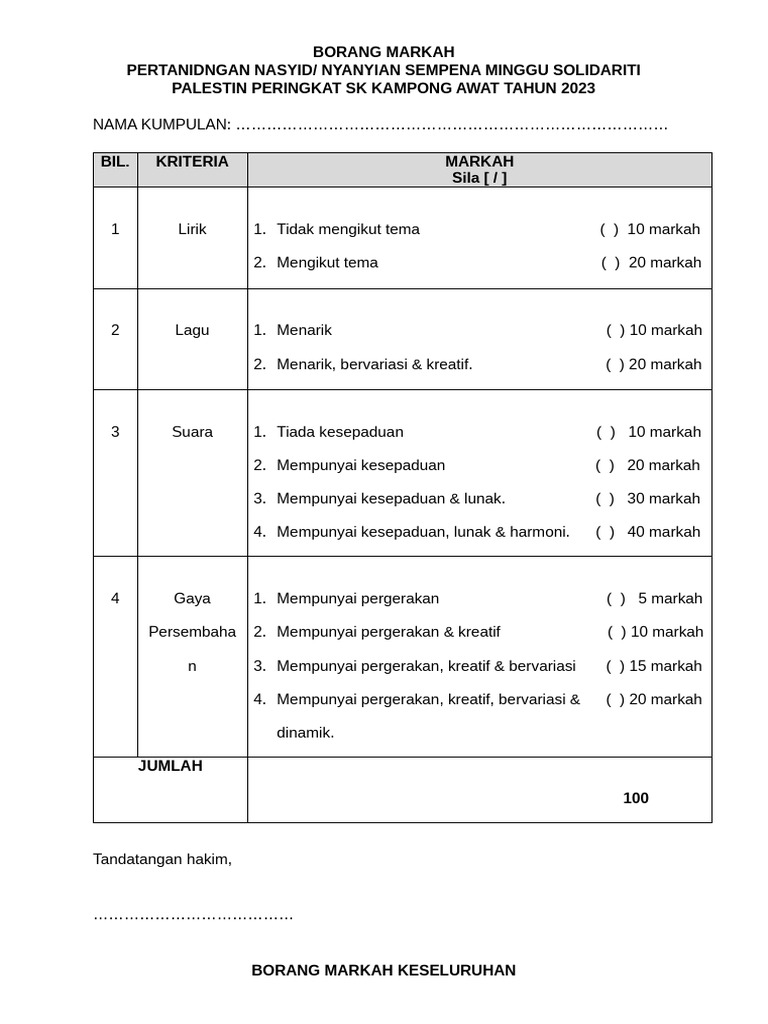 Borang Markah Nasyid | PDF