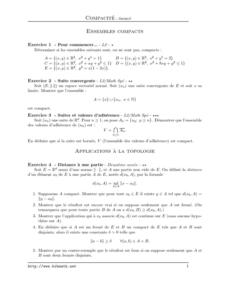 Exercices sur la compacité en mathématiques | PDF | Compacité ...
