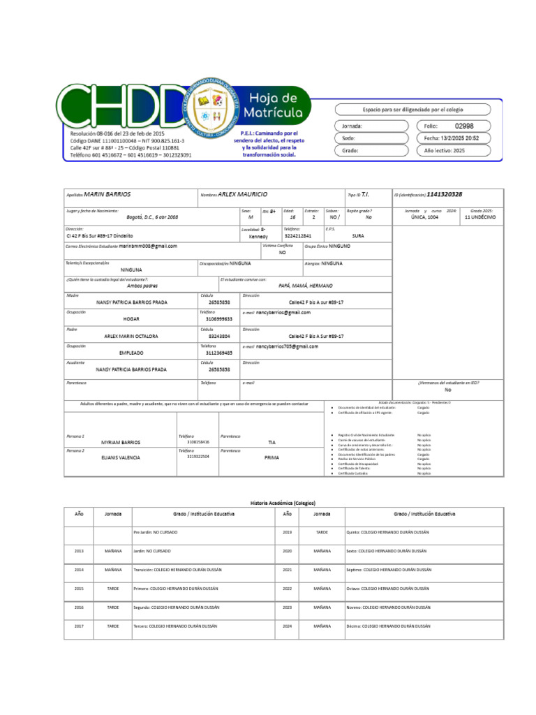 2025 Hoja de Matrícula de Marin Barrios Arlex Mauricio - Id 1141320328 ...